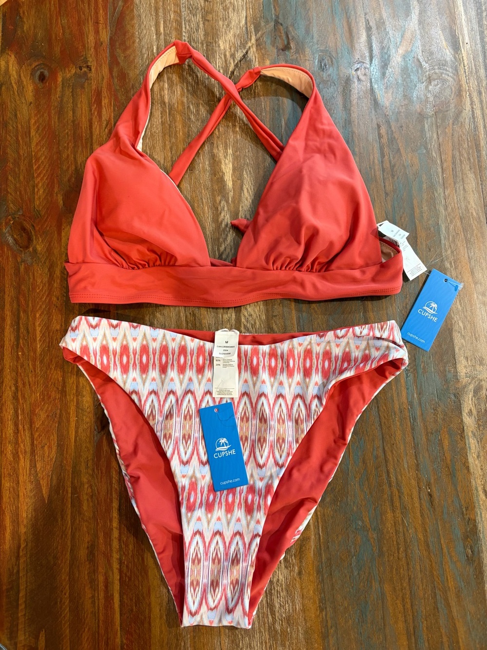 Cupshe Coral Red Halter Bikini with Red & White Ikat Bottoms